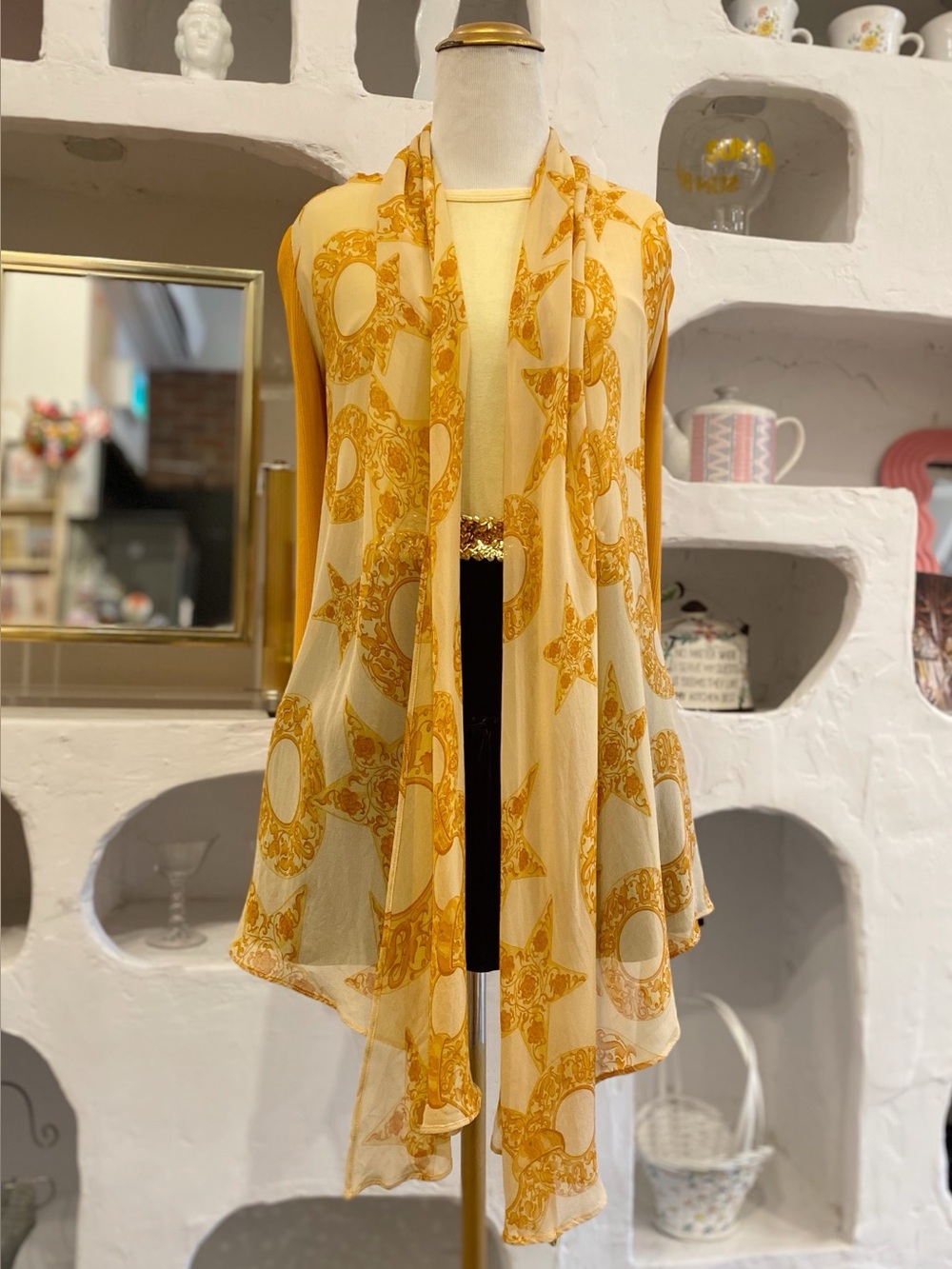 Vintage Céline Paris Orange Yellow Chain Printed Chiffon Drape Cardigan Italy